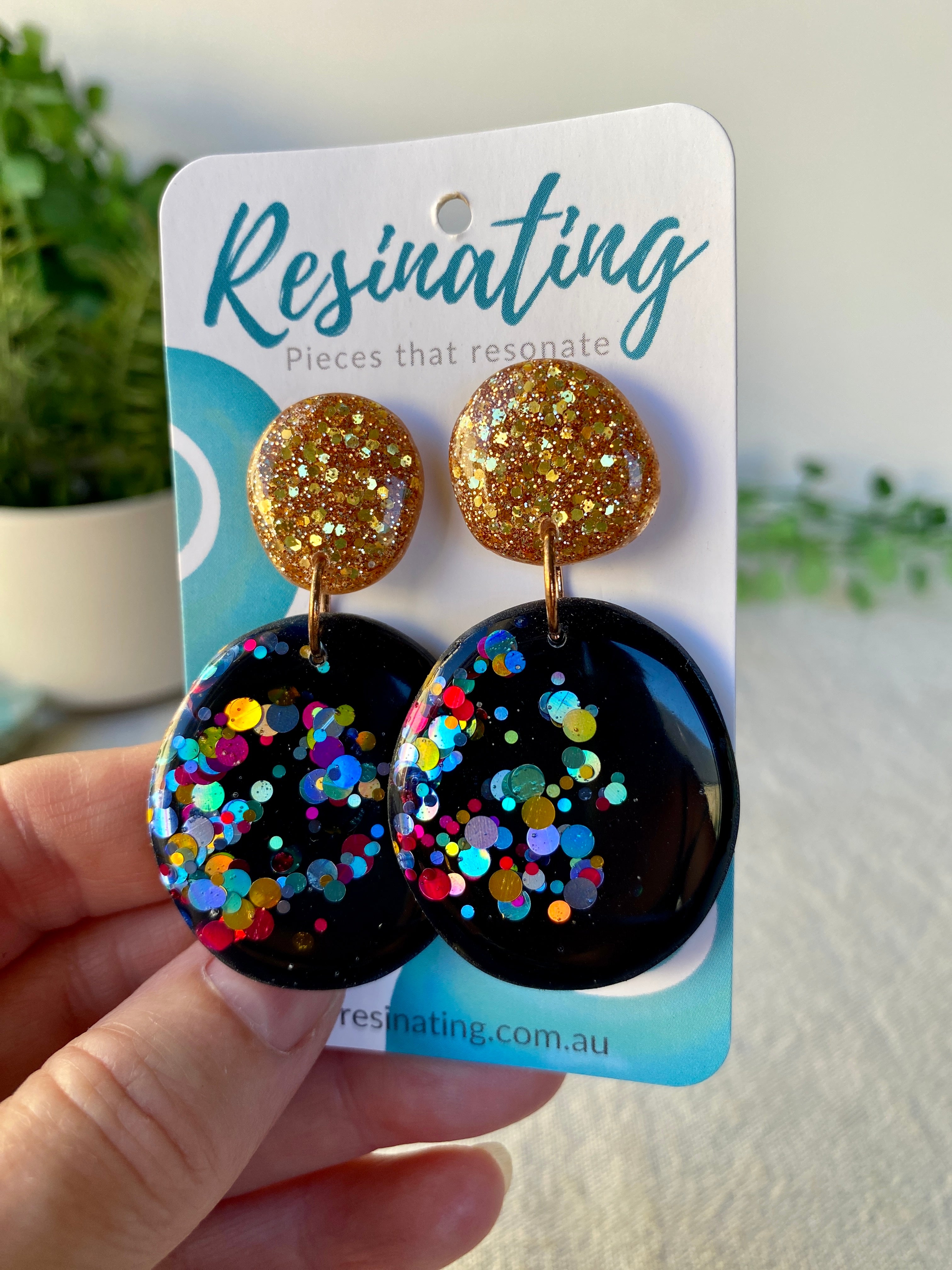 Navy blue and gold dangles resin dangle earrings READY TO POST